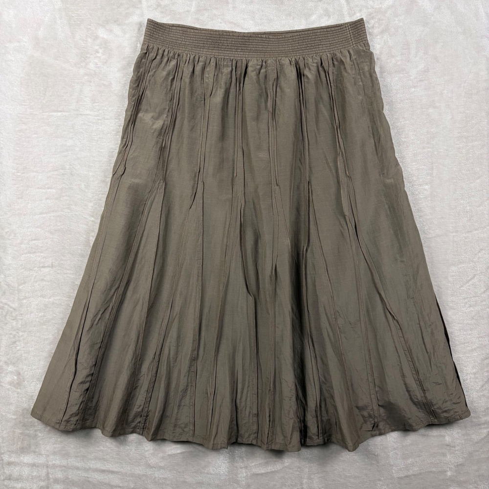 Nic+Zoe Brown Cotton Silk Blend Pintuck Smocked Waist Midi Skirt Large Earthy